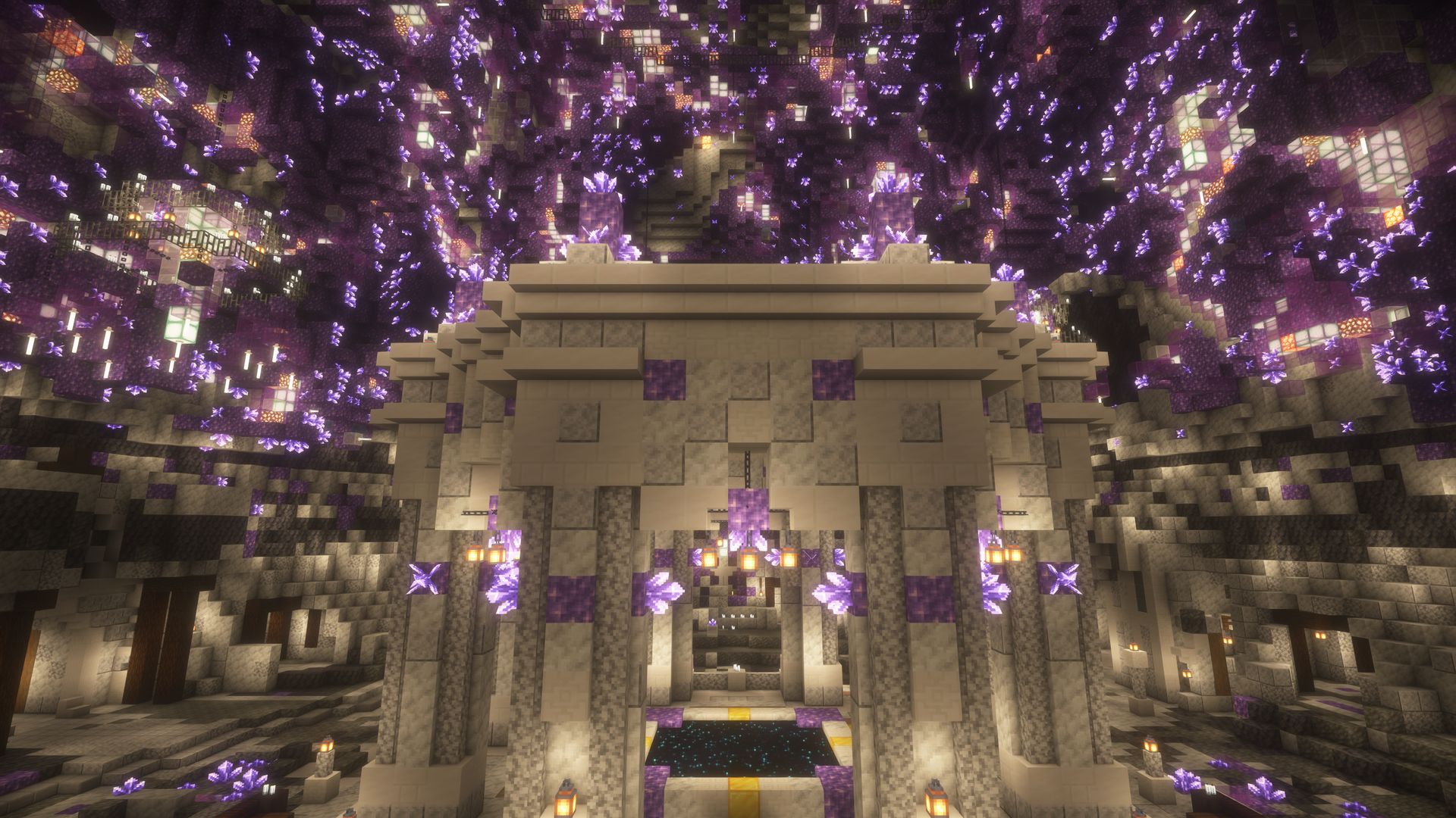 A white pillared dais under a cavern roof full of amethyst, lit by lanterns