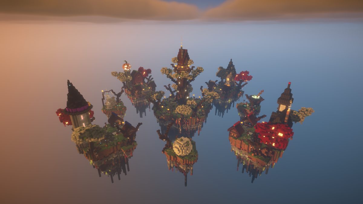 Four Bedwars islands around a haunted tree