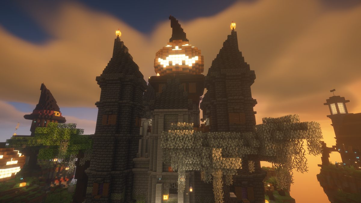 Skywars middle island with dark spires and a glowing pumpkin