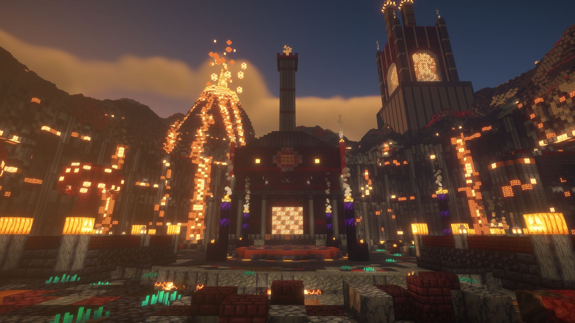 A volcano outpost with a tall tower and a forge building at dusk